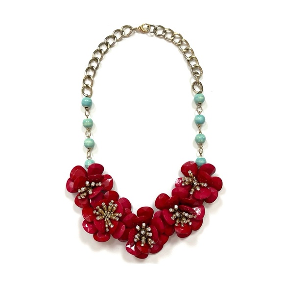Anthropologie Red Floral Statement Necklace - Picture 1 of 8